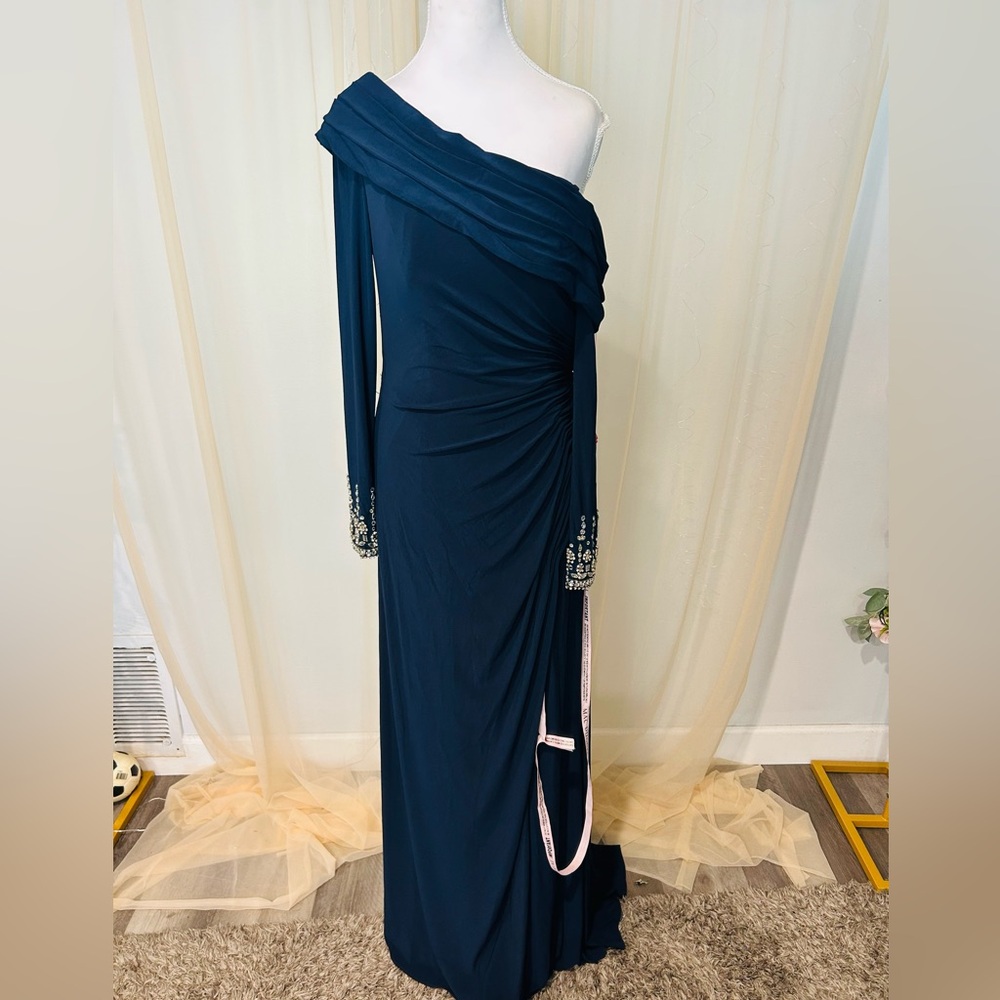 Mac Duggal Navy beaded cuff drop shoulder faux wrap Gown Style # 12231 Size 8